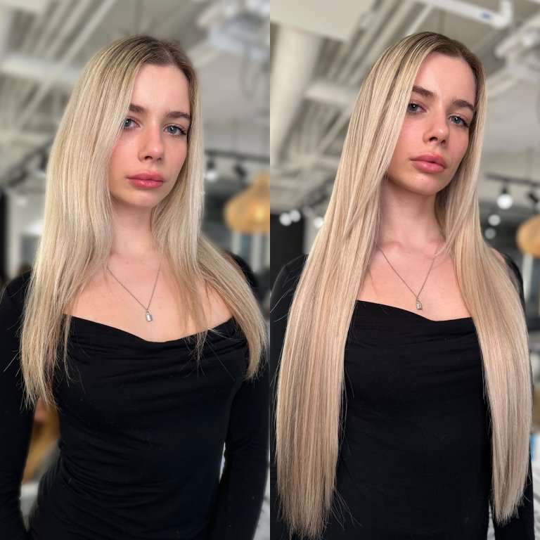 short hair extensions before and  after