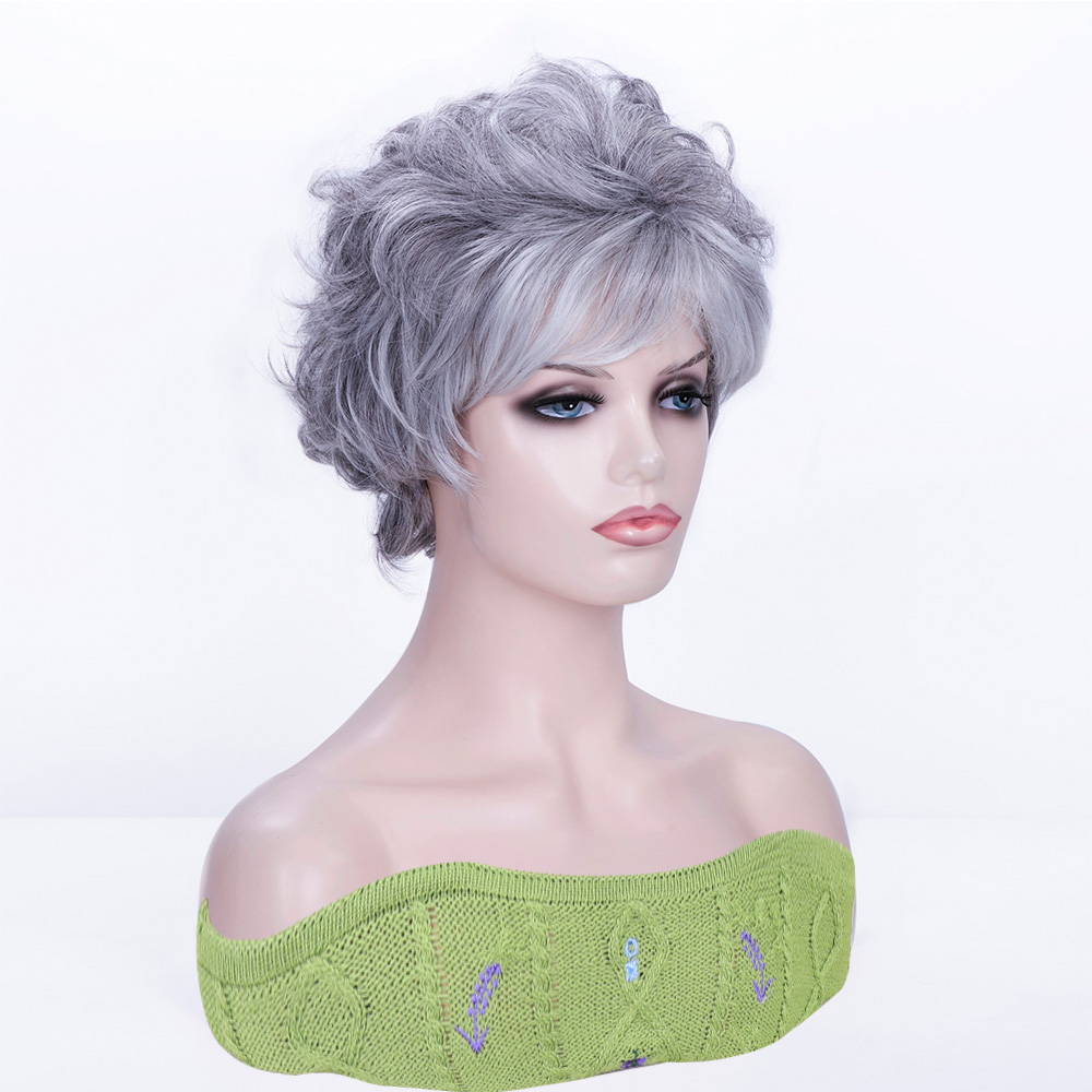 human hair gray short curly synthetic wig