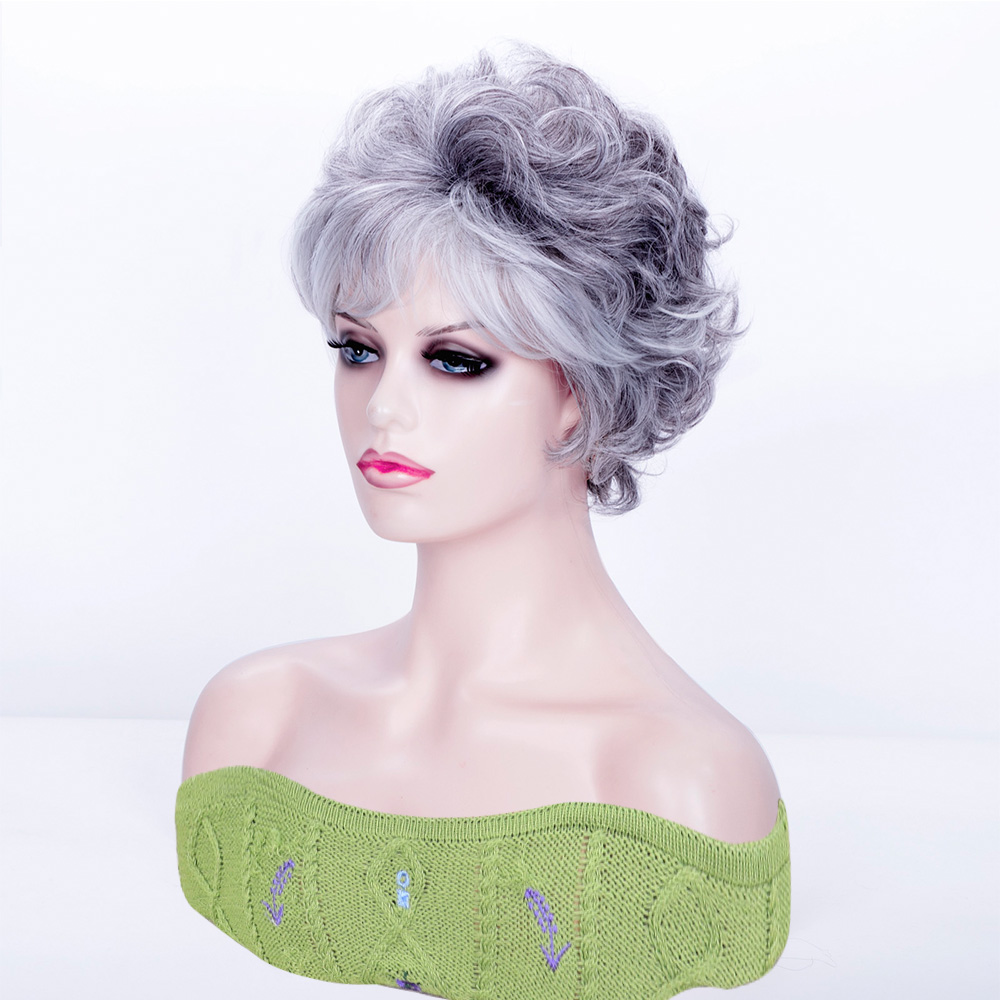 human hair gray short curly synthetic wig