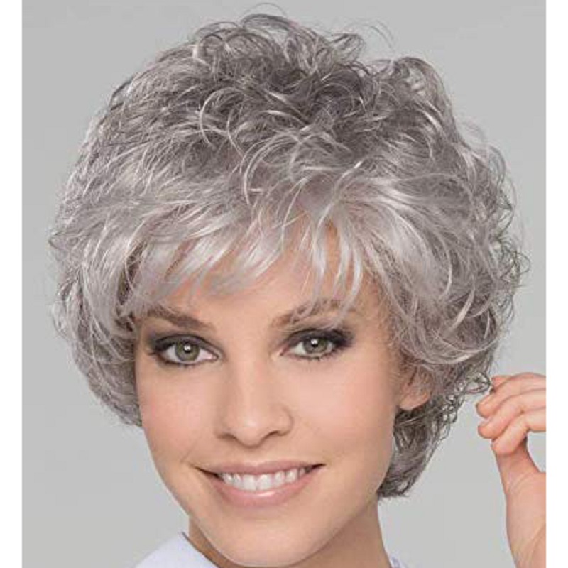 human hair gray short curly synthetic wig