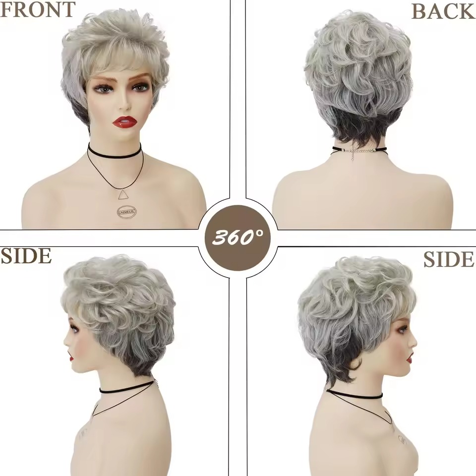 short curly synthetic gray wigs for older woman