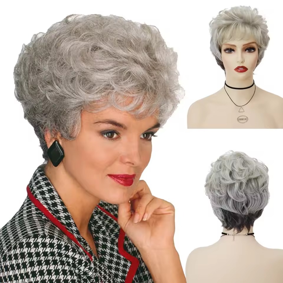 short curly synthetic gray wigs for older woman